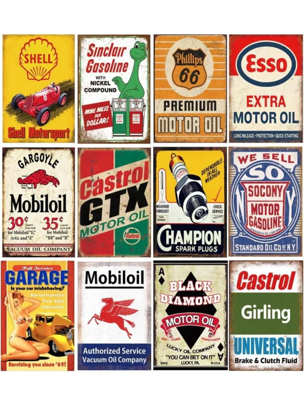 12 Retro Vintage Gas & Oil Tin Signs - Metal Wall Art for Home, Man Cave, Garage